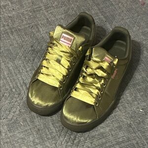 Puma Olive Satin Low-Top Sneakers with Pink Logo